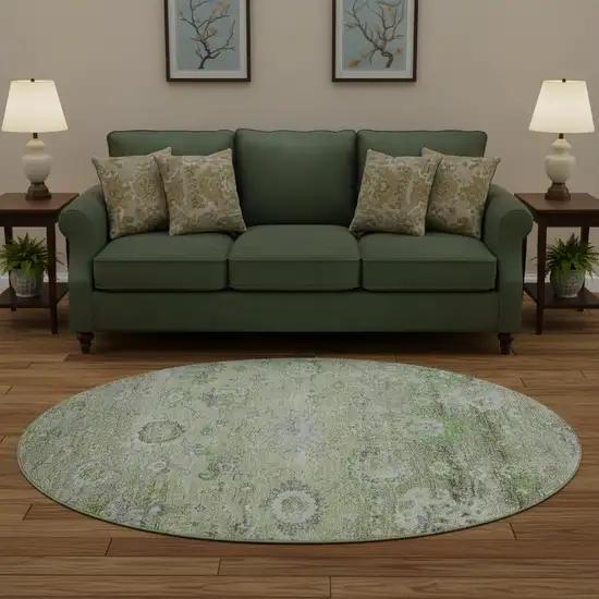 8' Mint Green Purple And Beige Floral Washable Round Rug With UV Protection Photo 2