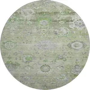 Photo of 8' Mint Green Purple And Beige Floral Washable Round Rug With UV Protection