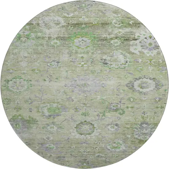 8' Mint Green Purple And Beige Floral Washable Round Rug With UV Protection Photo 1