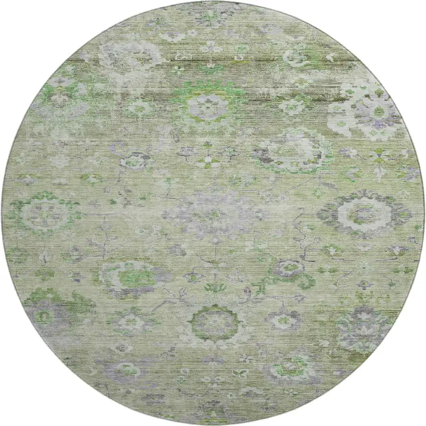 8' Mint Green Purple And Beige Floral Washable Round Rug With UV Protection Photo 1