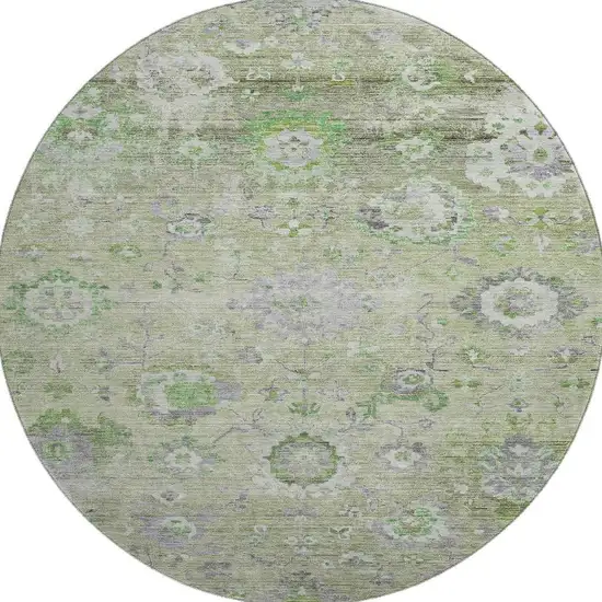 8' Mint Green Purple And Beige Floral Washable Round Rug With UV Protection Photo 2