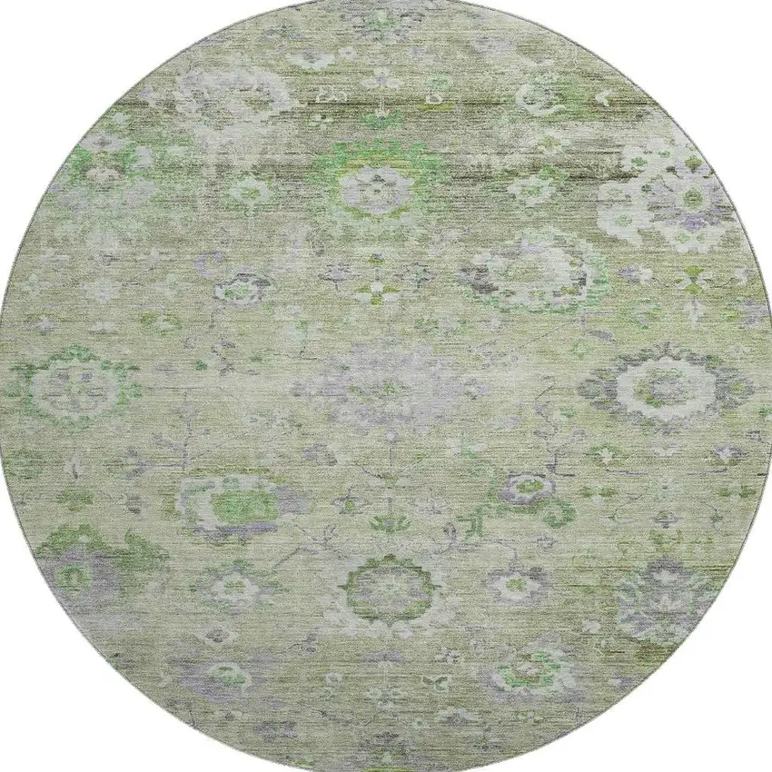 8' Mint Green Purple And Beige Floral Washable Round Rug With UV Protection Photo 2