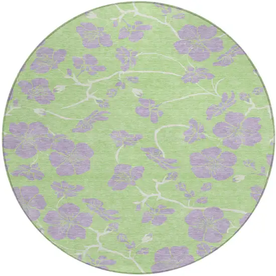 8' Mint Green Purple And Ivory Round Floral Washable Indoor Outdoor Area Rug Photo 2