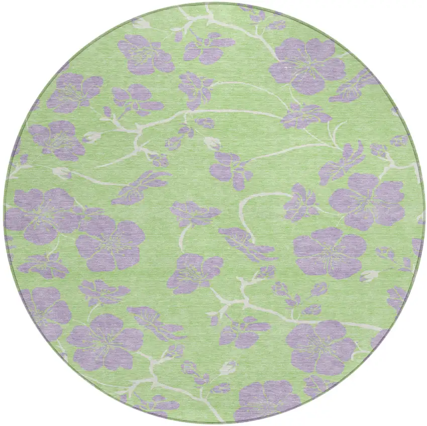 8' Mint Green Purple And Ivory Round Floral Washable Indoor Outdoor Area Rug Photo 2