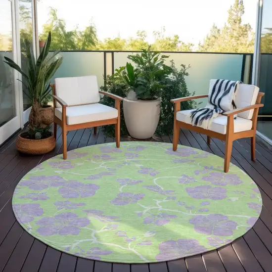 8' Mint Green Purple And Ivory Round Floral Washable Indoor Outdoor Area Rug Photo 7