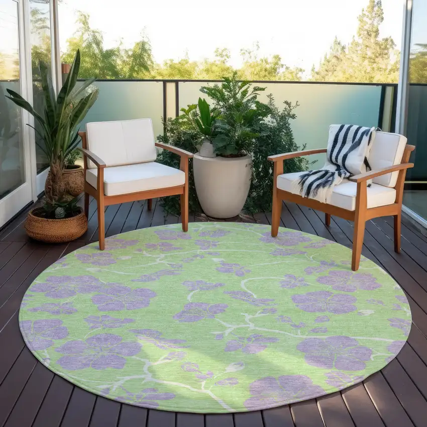 8' Mint Green Purple And Ivory Round Floral Washable Indoor Outdoor Area Rug Photo 7
