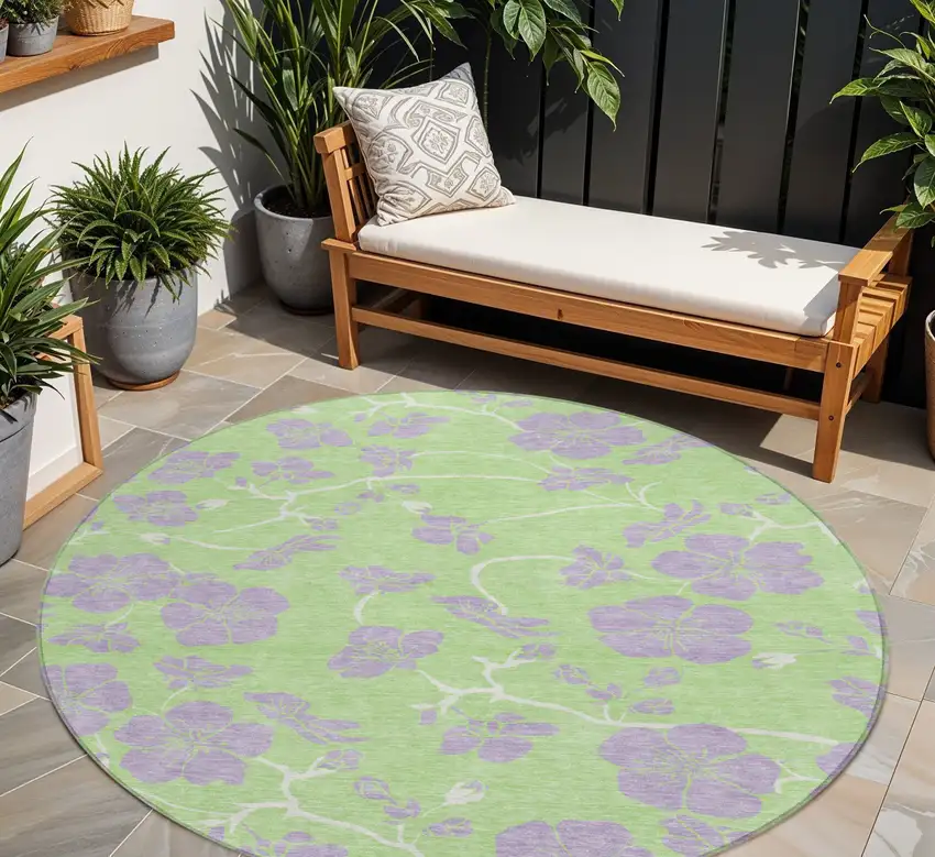 8' Mint Green Purple And Ivory Round Floral Washable Indoor Outdoor Area Rug Photo 1