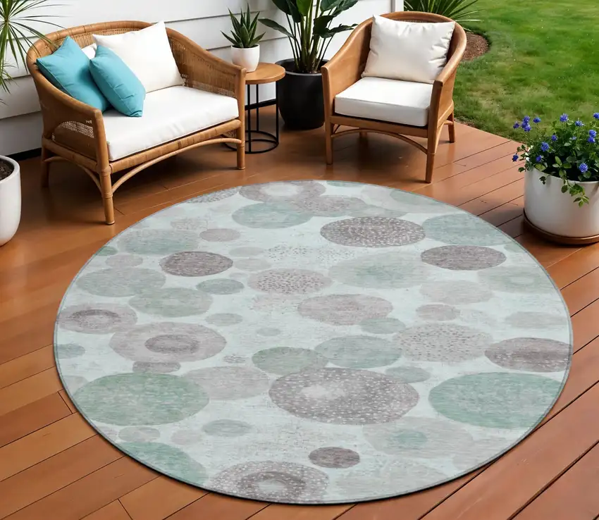 8' Mint Green Sage And Beige Round Geometric Washable Indoor Outdoor Area Rug Photo 2