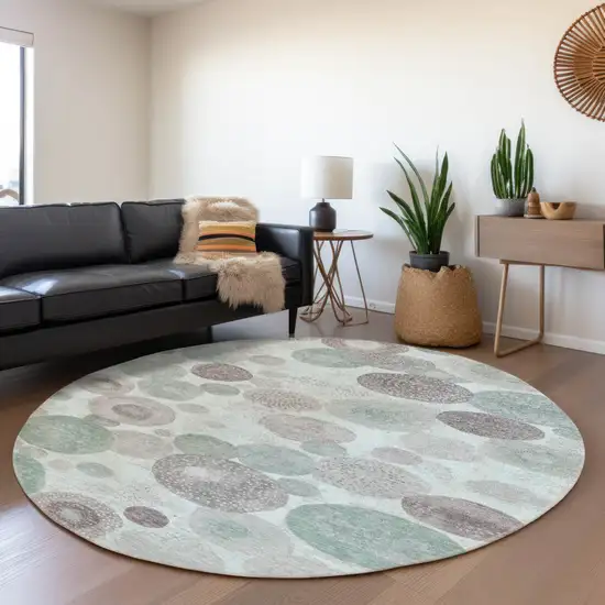 8' Mint Green Sage And Beige Round Geometric Washable Indoor Outdoor Area Rug Photo 6