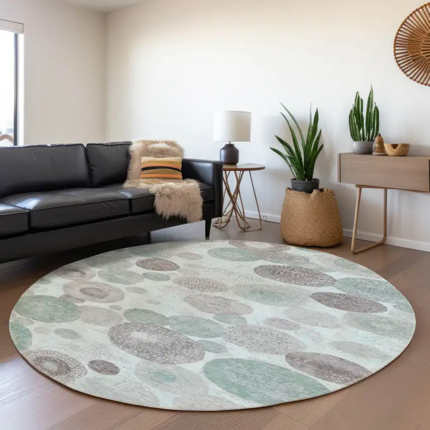 8' Mint Green Sage And Beige Round Geometric Washable Indoor Outdoor Area Rug Photo 6