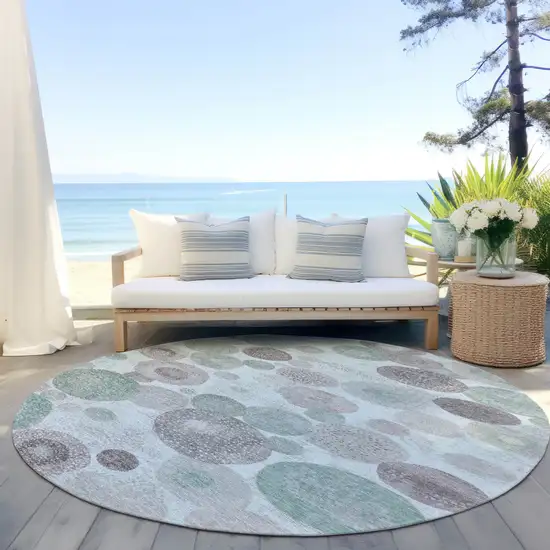 8' Mint Green Sage And Beige Round Geometric Washable Indoor Outdoor Area Rug Photo 5