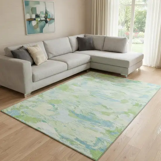 8' Mint Green Sky Blue And Ivory Abstract Washable Area Rug With UV Protection Photo 2