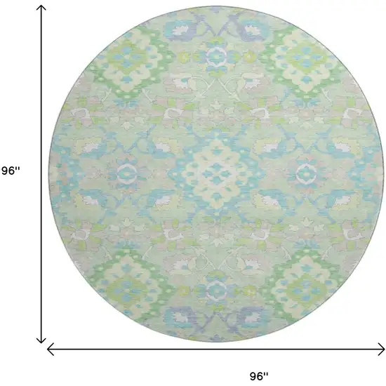 8' Mint Green Teal And Lavender Oriental Washable Round Rug With UV Protection Photo 9