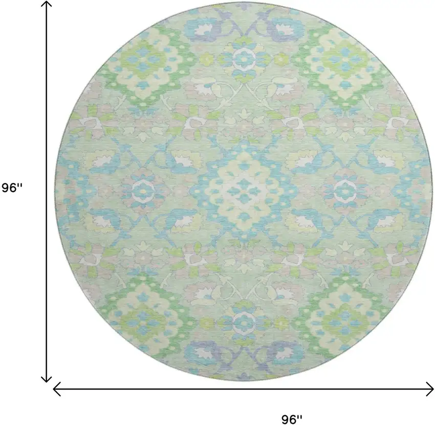 8' Mint Green Teal And Lavender Oriental Washable Round Rug With UV Protection Photo 9