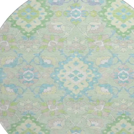 8' Mint Green Teal And Lavender Oriental Washable Round Rug With UV Protection Photo 2