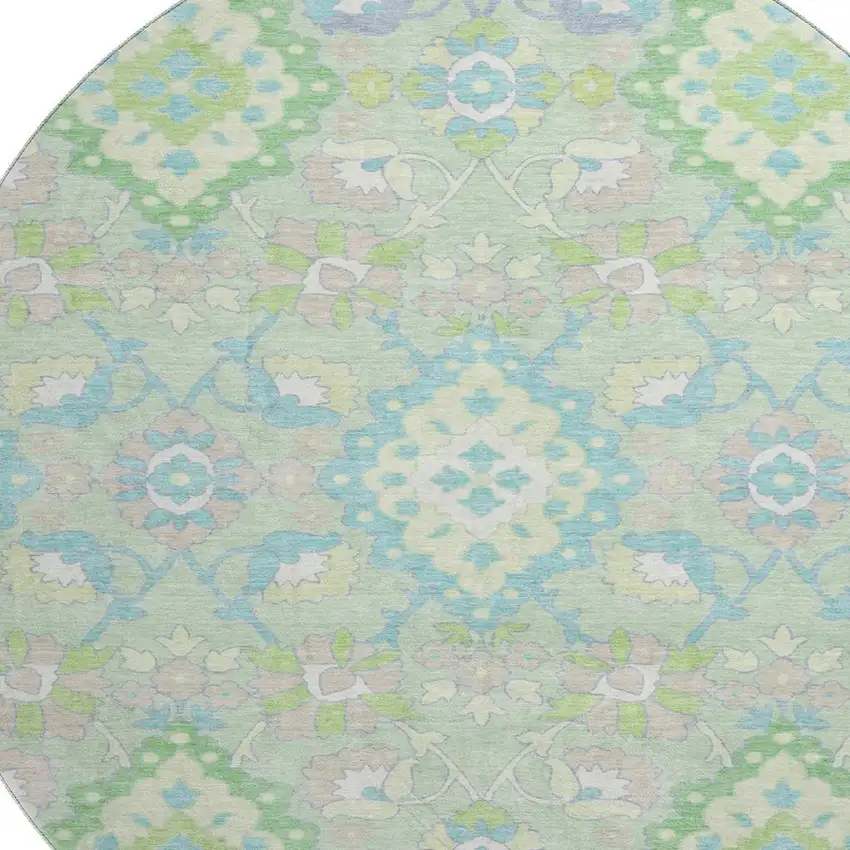 8' Mint Green Teal And Lavender Oriental Washable Round Rug With UV Protection Photo 2