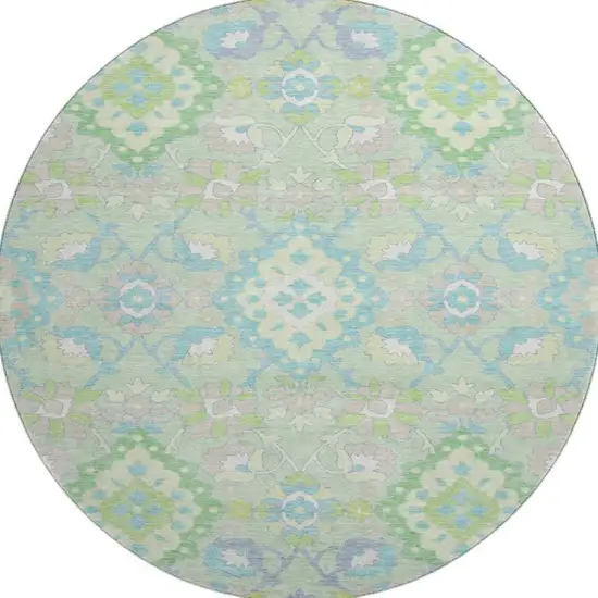 8' Mint Green Teal And Lavender Oriental Washable Round Rug With UV Protection Photo 3