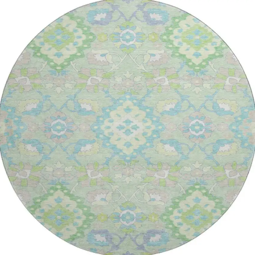 8' Mint Green Teal And Lavender Oriental Washable Round Rug With UV Protection Photo 3