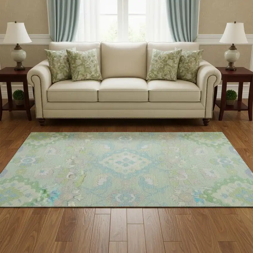 8' Mint Green Teal And Lavender Oriental Washable Round Rug With UV Protection Photo 2