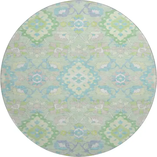 8' Mint Green Teal And Lavender Oriental Washable Round Rug With UV Protection Photo 1