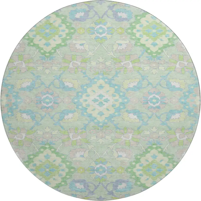 8' Mint Green Teal And Lavender Oriental Washable Round Rug With UV Protection Photo 1
