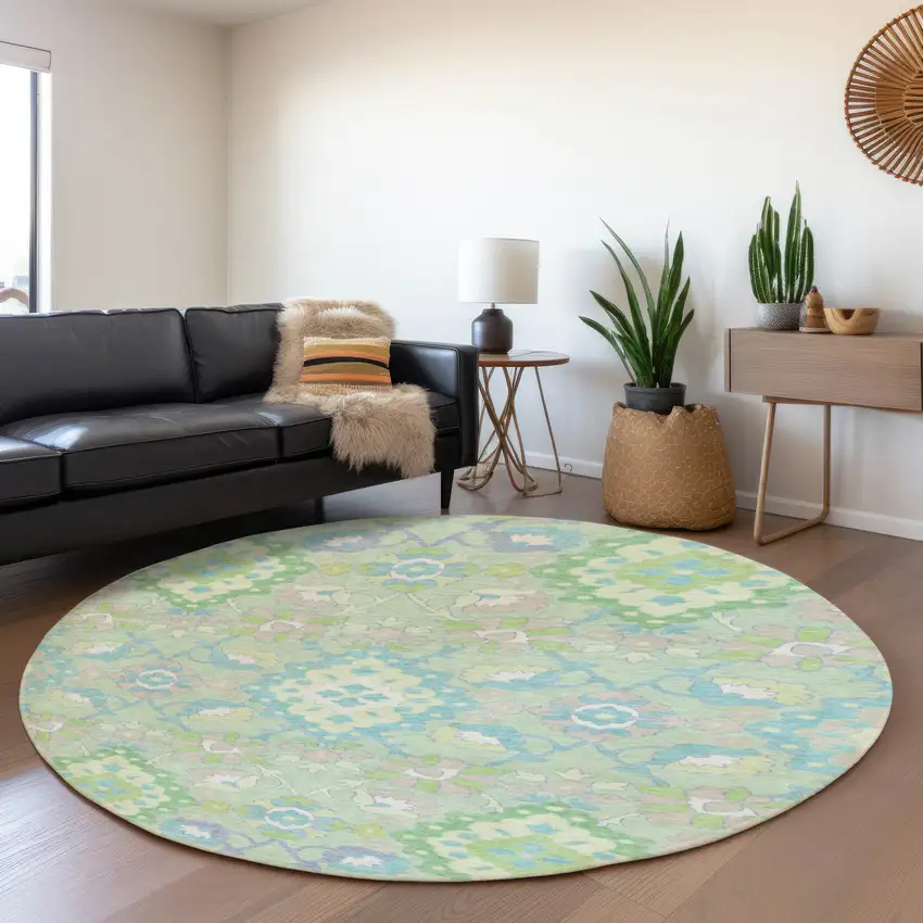 8' Mint Green Teal And Lavender Oriental Washable Round Rug With UV Protection Photo 4