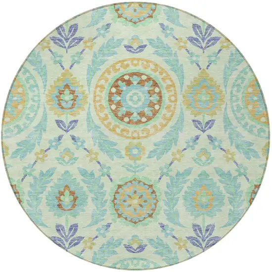 8' Mint Green Teal Blue And Beige Round Floral Washable Indoor Outdoor Area Rug Photo 5