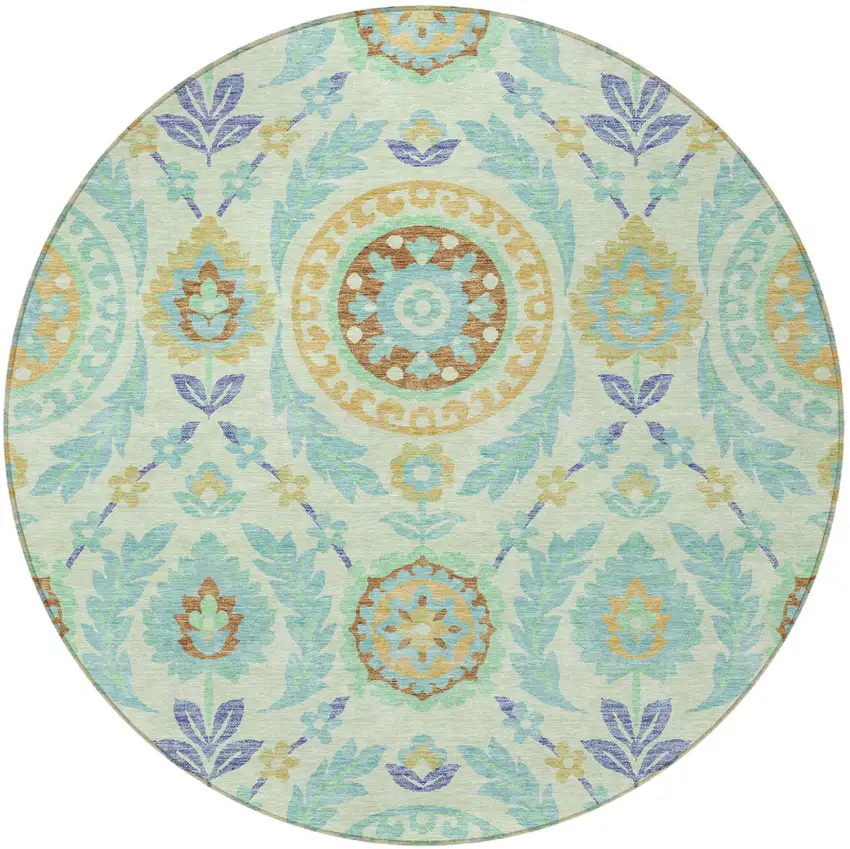 8' Mint Green Teal Blue And Beige Round Floral Washable Indoor Outdoor Area Rug Photo 5