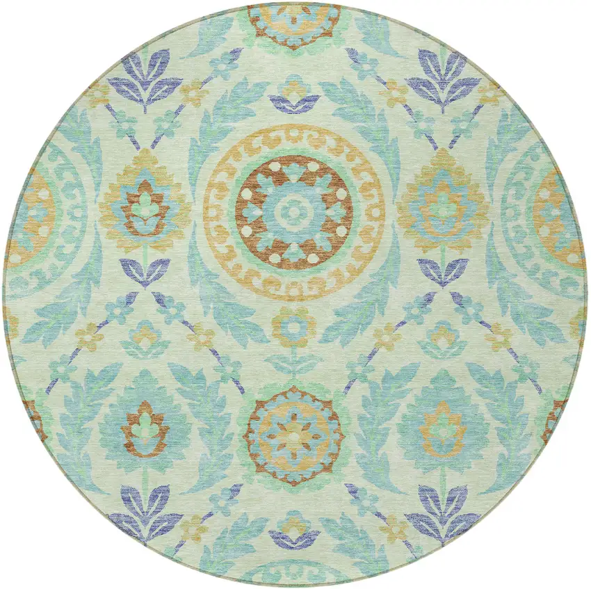 8' Mint Green Teal Blue And Beige Round Floral Washable Indoor Outdoor Area Rug Photo 5