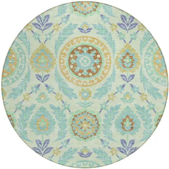 8' Mint Green Teal Blue And Beige Round Floral Washable Indoor Outdoor Area Rug Photo 1