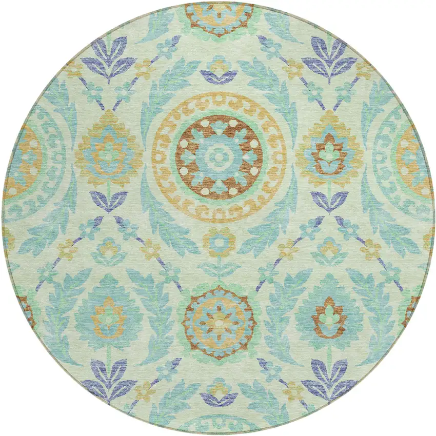 8' Mint Green Teal Blue And Beige Round Floral Washable Indoor Outdoor Area Rug Photo 1