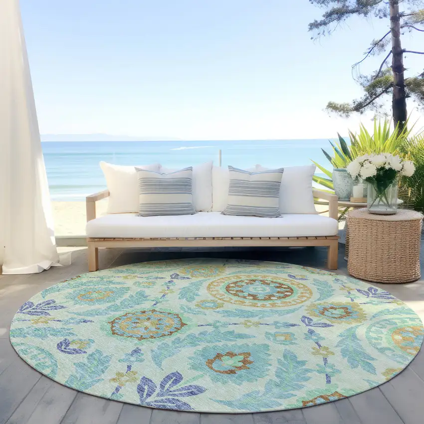 8' Mint Green Teal Blue And Beige Round Floral Washable Indoor Outdoor Area Rug Photo 6