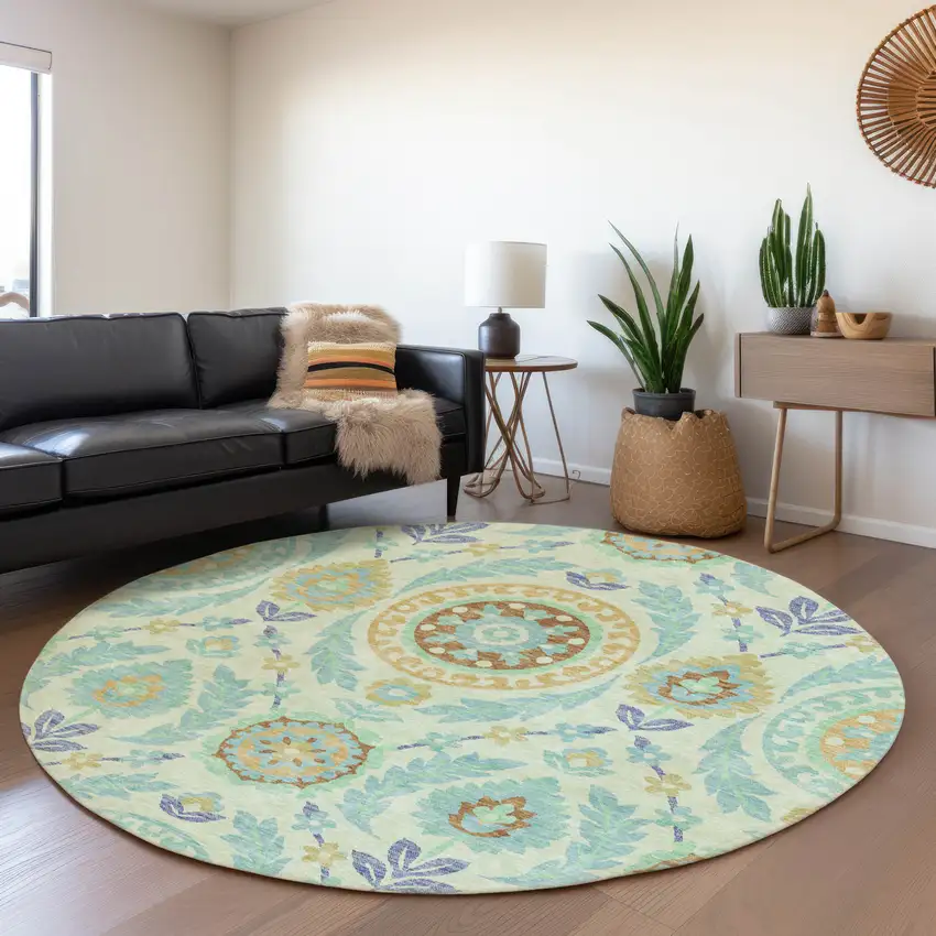 8' Mint Green Teal Blue And Beige Round Floral Washable Indoor Outdoor Area Rug Photo 7