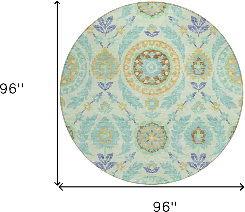 8' Mint Green Teal Blue And Beige Round Floral Washable Indoor Outdoor Area Rug Photo 9