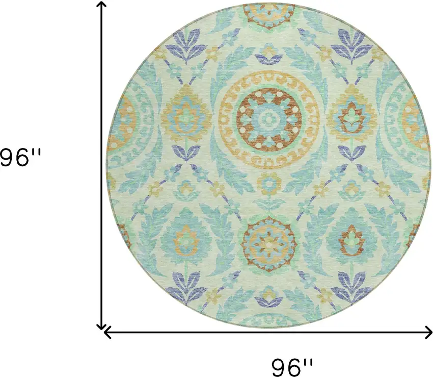 8' Mint Green Teal Blue And Beige Round Floral Washable Indoor Outdoor Area Rug Photo 9