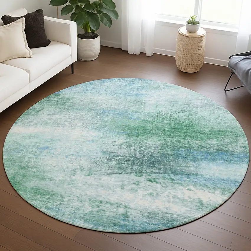8' Mint Green Teal Blue And Ivory Round Abstract Washable Indoor Outdoor Area Rug Photo 4