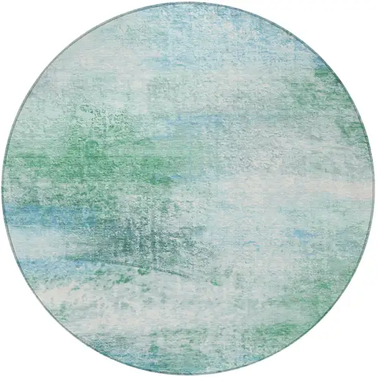 8' Mint Green Teal Blue And Ivory Round Abstract Washable Indoor Outdoor Area Rug Photo 2