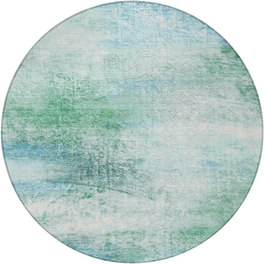 8' Mint Green Teal Blue And Ivory Round Abstract Washable Indoor Outdoor Area Rug Photo 2
