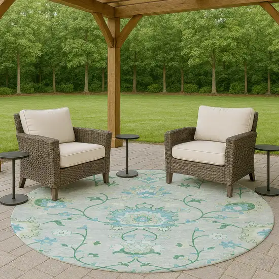 8' Mint Green Teal Blue And Ivory Round Floral Washable Indoor Outdoor Area Rug Photo 8