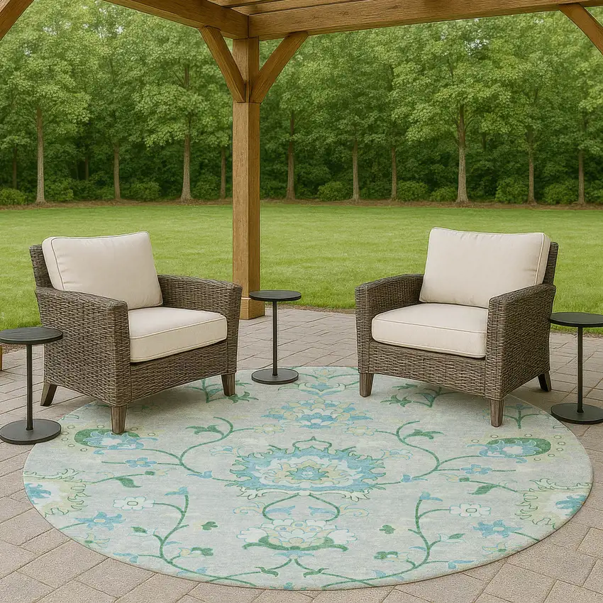 8' Mint Green Teal Blue And Ivory Round Floral Washable Indoor Outdoor Area Rug Photo 8
