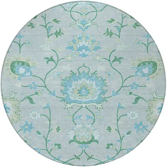 8' Mint Green Teal Blue And Ivory Round Floral Washable Indoor Outdoor Area Rug Photo 4