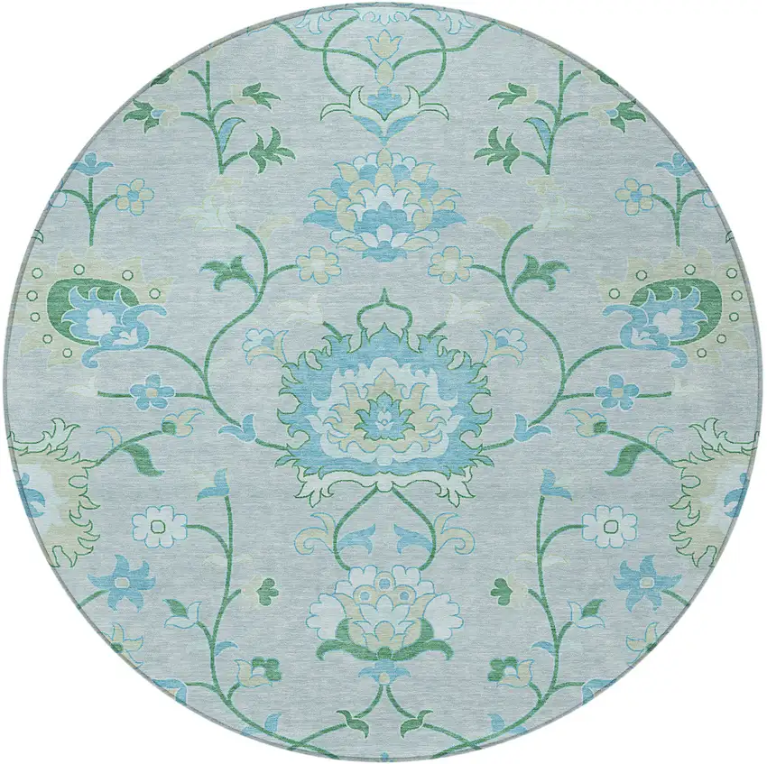 8' Mint Green Teal Blue And Ivory Round Floral Washable Indoor Outdoor Area Rug Photo 4