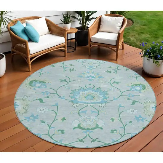 8' Mint Green Teal Blue And Ivory Round Floral Washable Indoor Outdoor Area Rug Photo 1