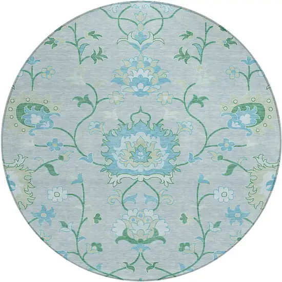 8' Mint Green Teal Blue And Ivory Round Floral Washable Indoor Outdoor Area Rug Photo 2