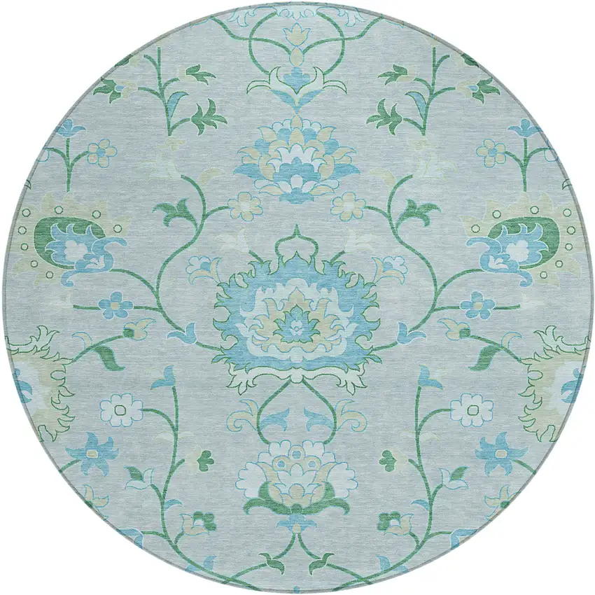 8' Mint Green Teal Blue And Ivory Round Floral Washable Indoor Outdoor Area Rug Photo 2