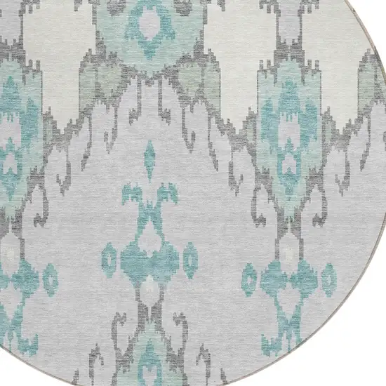 8' Mint Green Teal Blue And Ivory Round Ikat Washable Indoor Outdoor Area Rug Photo 4