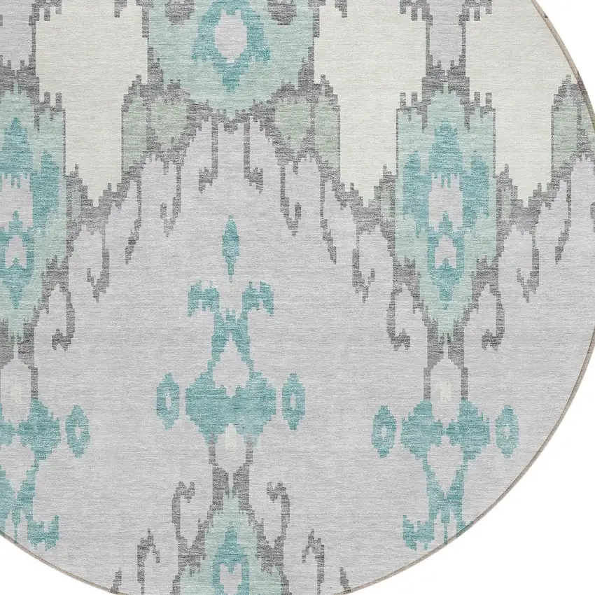 8' Mint Green Teal Blue And Ivory Round Ikat Washable Indoor Outdoor Area Rug Photo 4