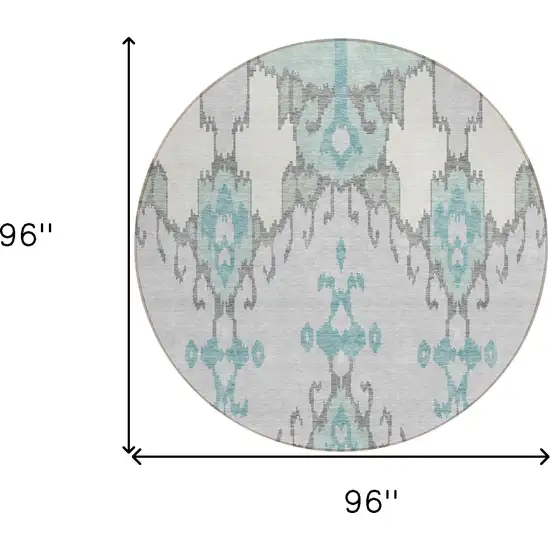 8' Mint Green Teal Blue And Ivory Round Ikat Washable Indoor Outdoor Area Rug Photo 8