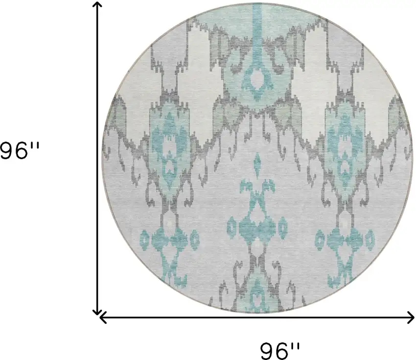 8' Mint Green Teal Blue And Ivory Round Ikat Washable Indoor Outdoor Area Rug Photo 8