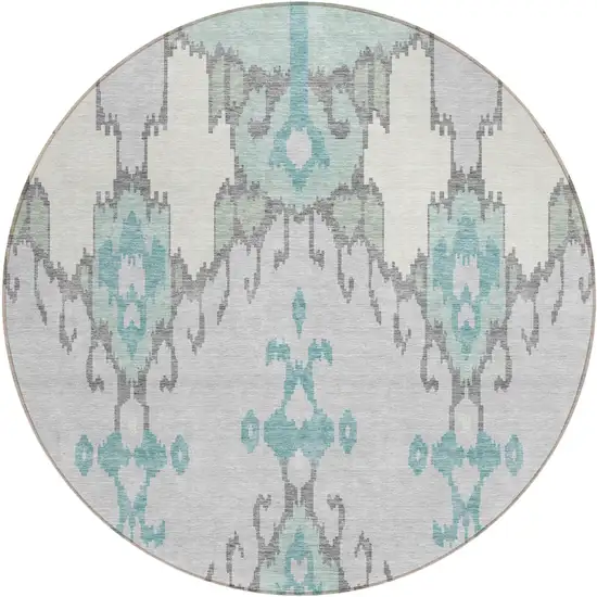 8' Mint Green Teal Blue And Ivory Round Ikat Washable Indoor Outdoor Area Rug Photo 1